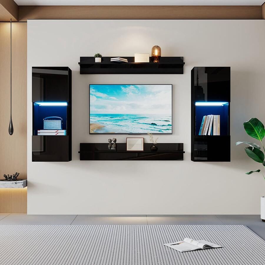 Pugsdrly Wandrek set van 4 LED-wandkast en 2 planken Slimme verlichting bedienbaar via app glanzend oppervlak en deuren van gehard glas voor de woonkamer geschikt voor tv-meubelset zwart