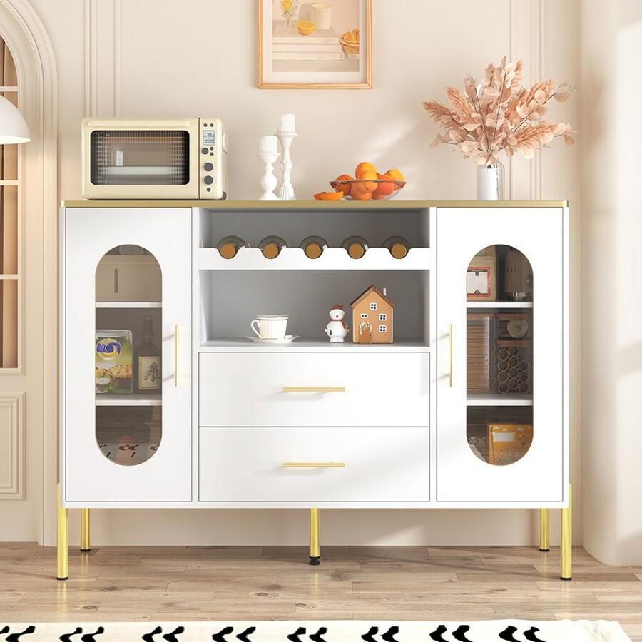 Pugsdrly Wit dressoir glazen fronten en flessenrek – Dressoir voor de eetkamer en woonkamer – Verstelbare poten – Veel opbergruimte en modern design