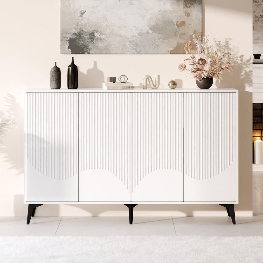 Pugsdrly Witte dressoir breedte 160 cm multifunctionele dressoir ladekast highboard met verstelbare legplanken 4 deuren metalen poten