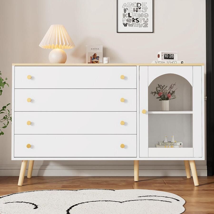 Pugsdrly Witte ladekast met 4 brede lades Ladekast geschikt voor de eetkamer keuken woonkamer moderne stijl 40*120*77 5 cm