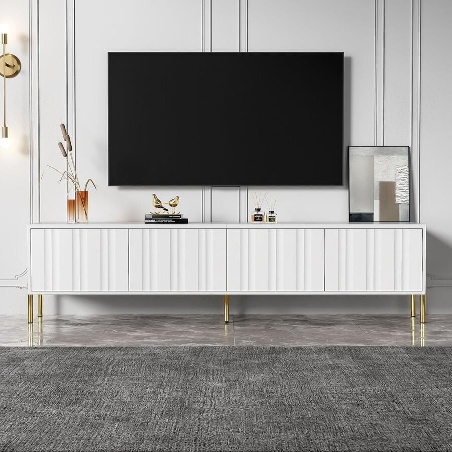 Pugsdrly Witte tv-kast 190 cm lang x 38 cm breed x 48 cm hoog gouden tafelpoten gegroefd deurontwerp
