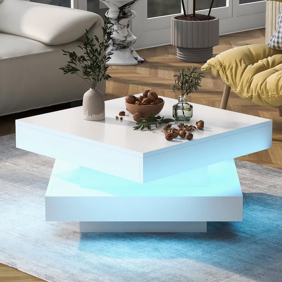 Pugsdrly Witte vierkante hoogglans salontafel met draaibaar blad – Moderne techno-stijl met 16-kleurige LED-verlichting 70x70x36 cm