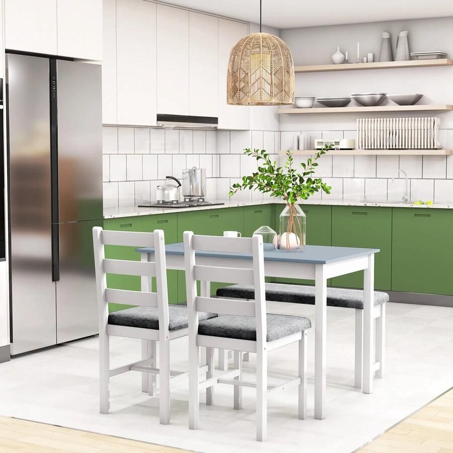 Pugsdrly zitgroep 4-delige eettafelset 1 tafel 1 bank 2 stoelen grijs + wit