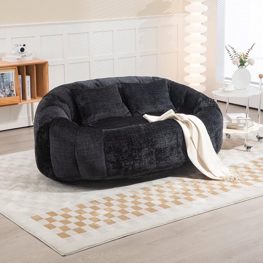 Pugsdrly Zitzakbank Luie bank Comfortabele en duurzame ligstoel Zitzak met hoge rugleuning Bank voor volwassenen en kinderen binnen en buiten zachte loungestoel (zwarte chenille)