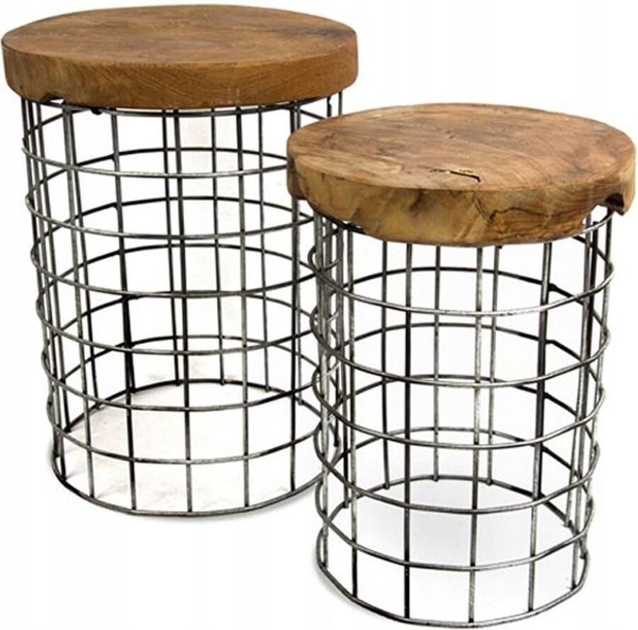 Pure Garden & Living Bijzettafel Teak Hout Rond Bruin Set van 2 Woonkamer