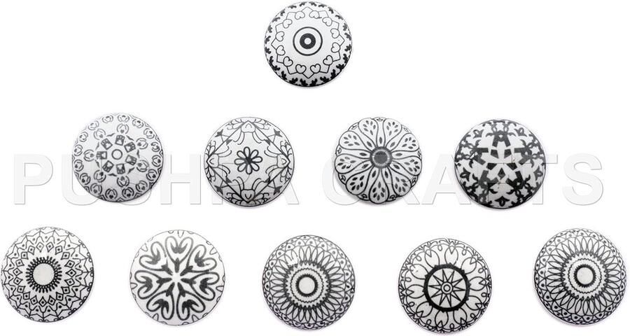 Set van 10 Handgemaakte Keramische Knoppen in Grijs en Wit voor Meubels