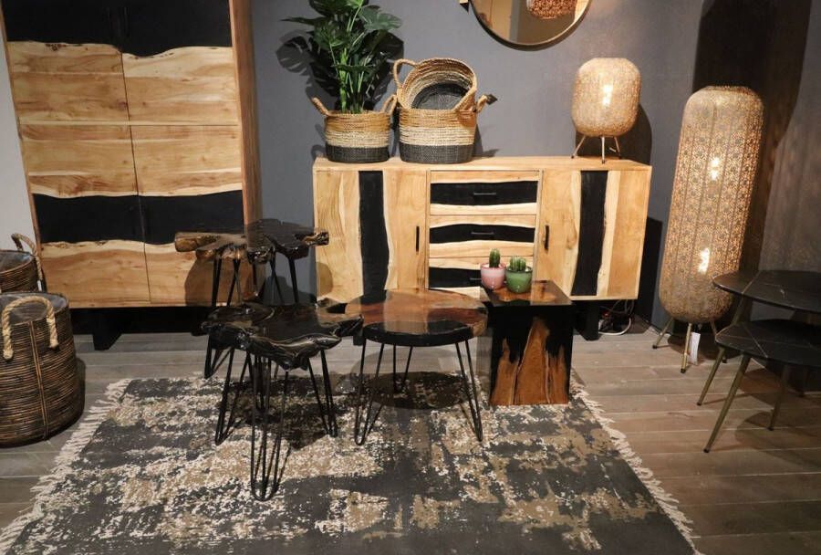 PS-Collection Ava Bijzettafel ø55-60x40cm Zwart Bruin Teak Epoxy Metaal bijzettafels bijzettafel buiten bijzet tafel bijzettafel metaal met hout bijzettafel vierkant bijzettafel rond bijzettafel industrieel