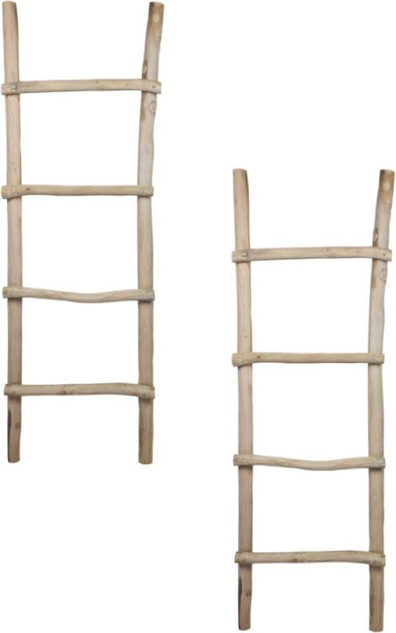 PuurSpirits Decoratie Ladder Set van 2 6x50x150 cm Naturel Teak handdoekladder decoratie ladder wandrek ladder decoratie trap decoratierek ladderrek houten ladder handdoekrek badkamer ladder handdoekenrek