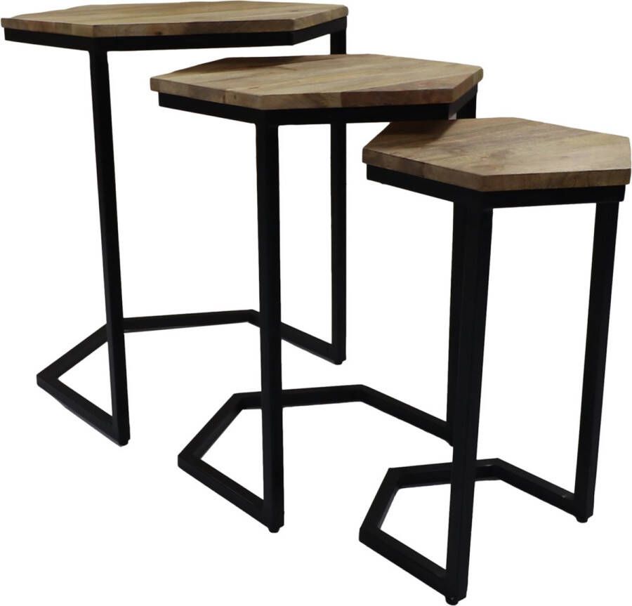 PS-Collection Ellie Bijzettafel Set van 3 50x50x65 Bruin Hout bijzettafels bijzettafel buiten bijzet tafel bijzettafel metaal met hout bijzettafel vierkant bijzettafel rond bijzettafel industrieel