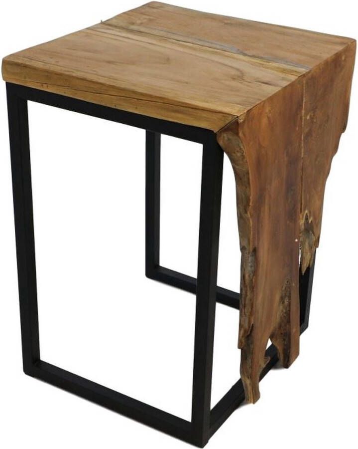 PS-Collection Lori Bijzettafel 35x35x50 Naturel Zwart Teak IJzer bijzettafels bijzettafel buiten bijzet tafel bijzettafel metaal met hout bijzettafel vierkant bijzettafel rond bijzettafel industrieel