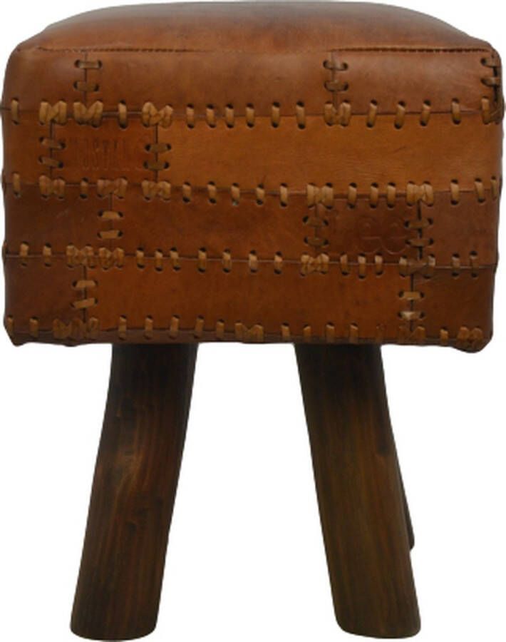 PuurSpirits Monte Kruk 33x33x45 cm Bruin Leder Hout krukje hout krukjes om op te zitten krukje badkamer krukjes om op te zitten volwassenen krukje make up tafel kruk krukje houten krukje