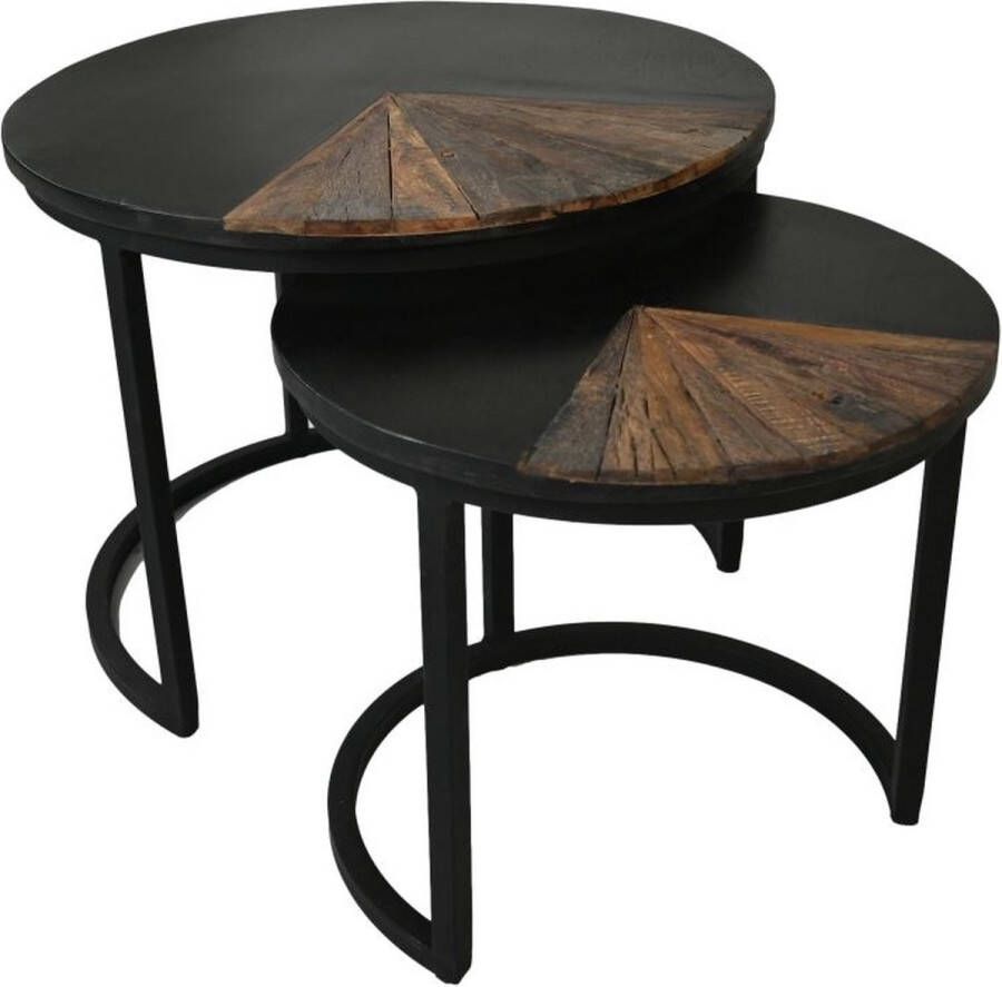 PuurSpirits Nolan Salontafel Set van 2 ø60x45 ø45x40cm Bruin Zwart Hout Metaal salontafels rond salontafels salontafel zwart salon tafel salontafel rond salontafel industrieel salontafel vierkant salontafel marmer salontafel wit
