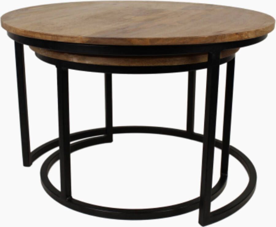 PuurSpirits Nolan Salontafel Set van 2 ø70x46cm Bruin Zwart Hout Metaal salontafels rond salontafels salontafel zwart salon tafel salontafel rond salontafel industrieel salontafel vierkant salontafel marmer salontafel wit