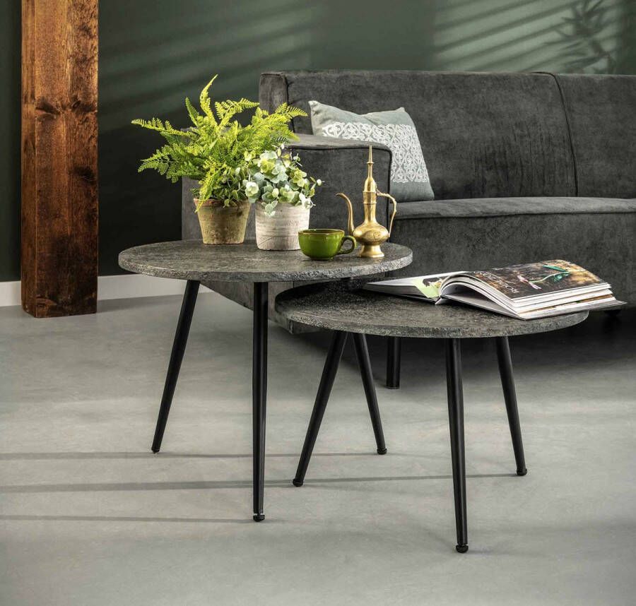 PW-Collection DePauwWonen Ø55 set 2 metallic ronde buis Salontafel LxBxH = 55x55x43 cm Bijzettafel Salontafels Woonkamer Dressoir Salon Tafel Industrieel Grijs