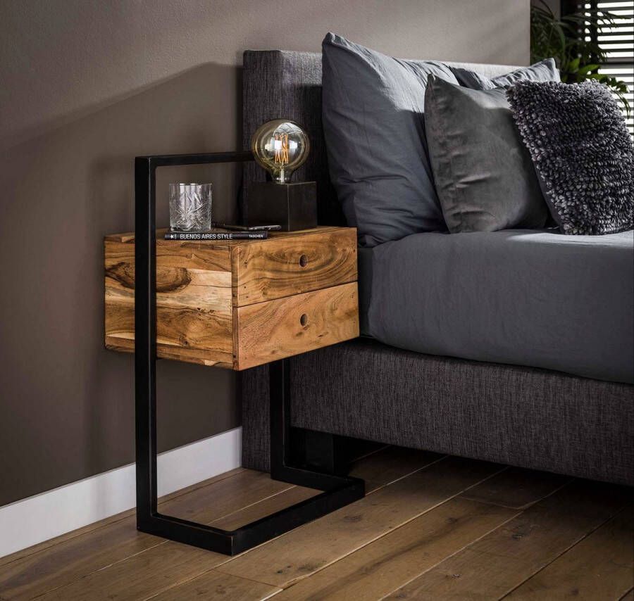 PW-Collection DePauwWonen Nachtkastje Wendell Nachtkastjes Slaapkamer Bijzettafel Modern Sidetable Industrieel Metaal IJzer Hout