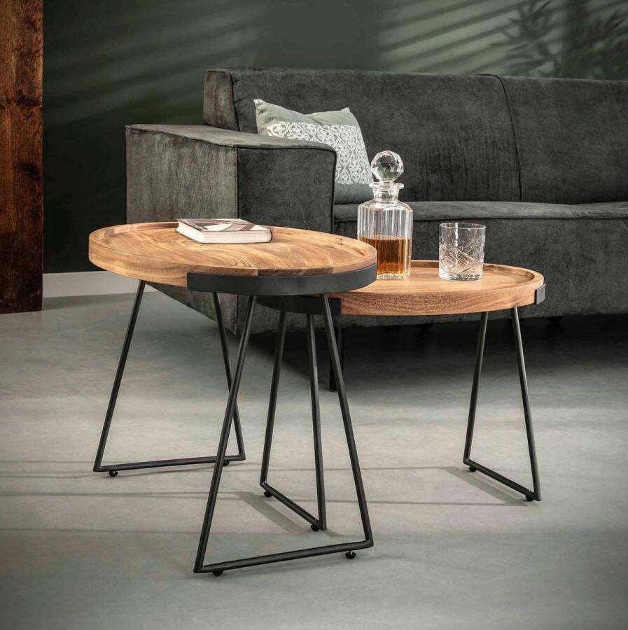 PW-Collection Set 2 ovaal Bijzettafel LxBxH = 66x47x48cm Bijzettafel Salontafels Woonkamer Dressoir Salon Tafel Industrieel Bruin ; Zwart