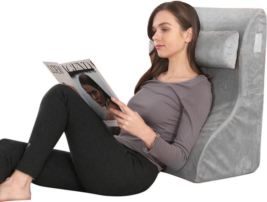 Q-Living Leeskussen Bookseat Lekker Lui Lezen Meditatiekussen Met Kussenrol Leeskussen Voor In Bed Onderrug Ondersteuning Ontspanningskussen Relaxkussen Zitkussen Fluweel Grijs