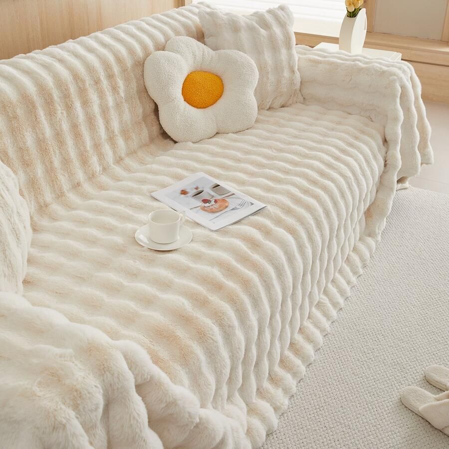 Qelus Bankhoes 1-delige Pluizige Sofahoes – Zachte Konijnenbont Stijl – Dikke Bankhoes voor Stoelen Banken of Bed – Warm Winterhoes voor Woonkamer & Slaapkamer (L180* B180cm) Beige