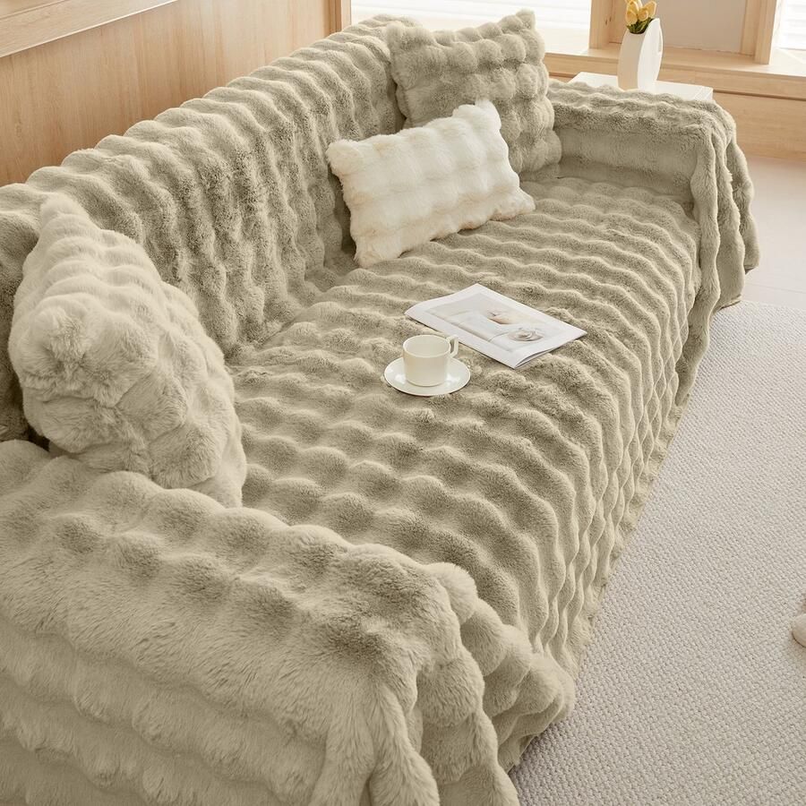 Qelus Bankhoes 1-delige Pluizige Sofahoes – Zachte Konijnenbont Stijl – Dikke Bankhoes voor Stoelen Banken of Bed – Warm Winterhoes voor Woonkamer & Slaapkamer (L180* B180cm) Kaki