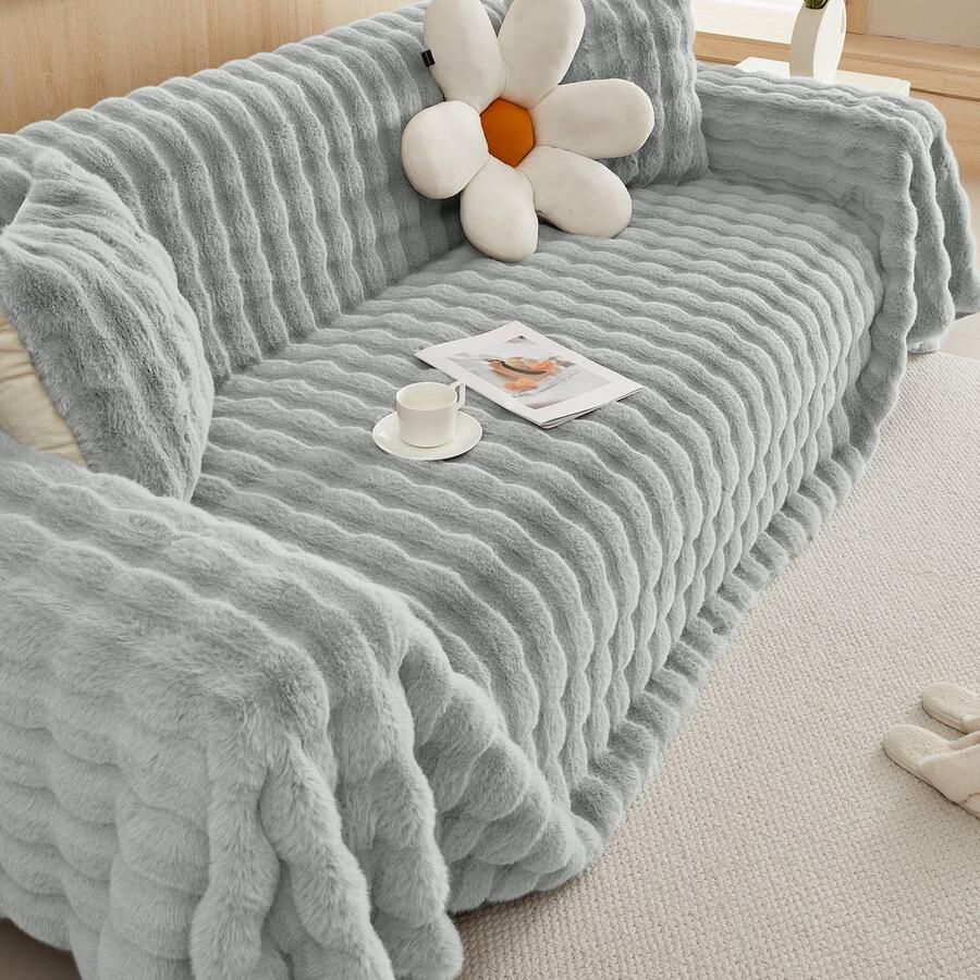 Qelus Bankhoes 1-delige Pluizige Sofahoes – Zachte Konijnenbont Stijl – Dikke Bankhoes voor Stoelen Banken of Bed – Warm Winterhoes voor Woonkamer & Slaapkamer (L180* B300cm) Grijs