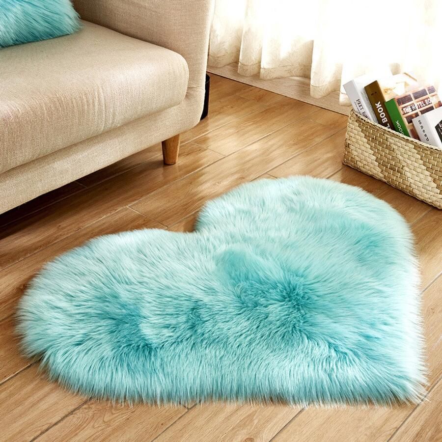Qelus Blauw Modern Hartvormig Vloerkleed met Lange Pluizen Wasbaar Hoogpolig Vloerkleed Zacht fluffy Decoratie Voor Stoel Bank of Bed 30x40 cm