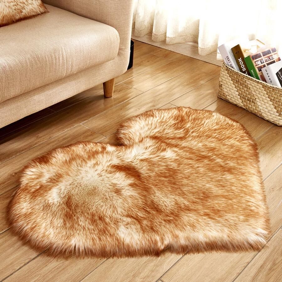 Qelus Bruin-Wit Modern Hartvormig Vloerkleed met Lange Pluizen Wasbaar Hoogpolig Vloerkleed Zacht fluffy Decoratie Voor Stoel Bank of Bed 70x90 cm