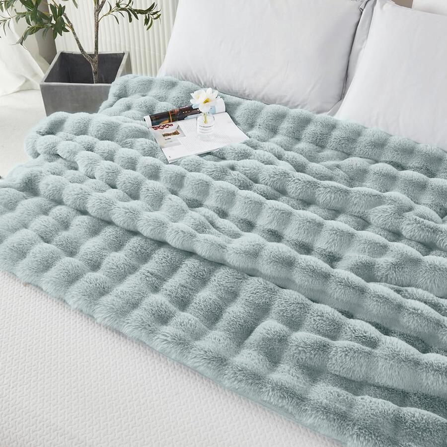 Qelus Extreem Zachte Shaggy Deken 160x200cm Luxe Konijnenbontlook met Golfdesign voor Bank Bed & Reis Snel Pluizig Knus Warmtegevoel Lichtgrijs - Foto 2