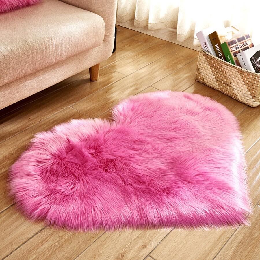 Qelus Felroze Modern Hartvormig Vloerkleed met Lange Pluizen Wasbaar Hoogpolig Vloerkleed Zacht fluffy Decoratie Voor Stoel Bank of Bed 30x40 cm