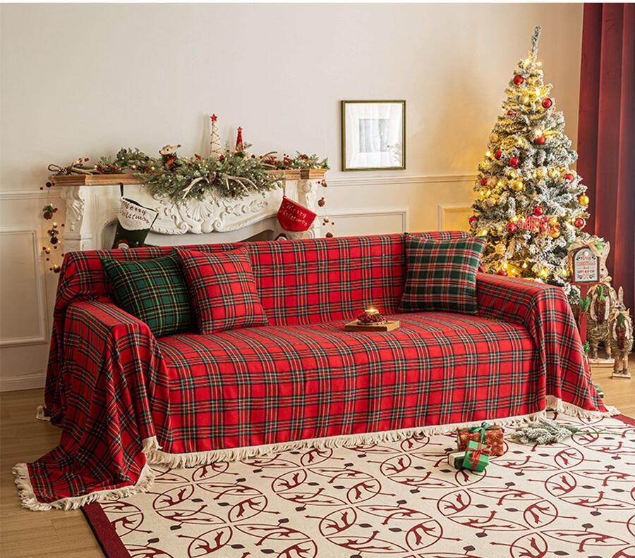 Qelus Rood Kerst Ruiten Sofadeken met Franjes 180x340 cm Zachte en Veelzijdige Deken Kerstversiering voor Bank en Bed