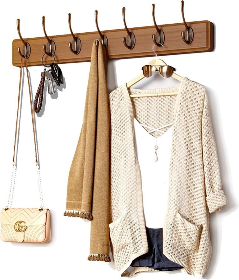 QGT Houten Wand kapstok met 7xDubbele Haak Wandgarderobe 70 cm Walnoot Massief Hout- Schroefvrije Montage 25kg Draagvermogen Aluminium Antiroest (Montagekit) voor Badkamer Deur Garderobe