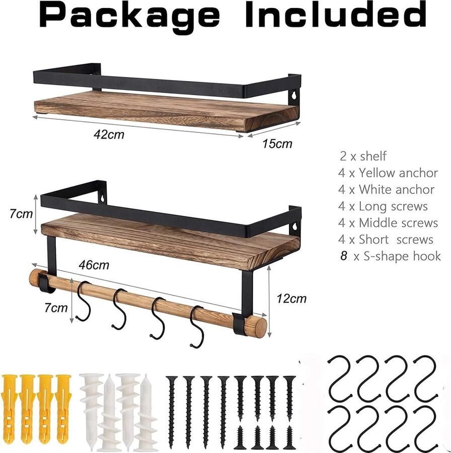QILICZ Houten wandrek zwevend rek wandrek keuken 2 stuks plank met handdoekhouder en 8 haken wandrek ideaal voor keuken woonkamer badkamer en andere wanddecoratie - Foto 2
