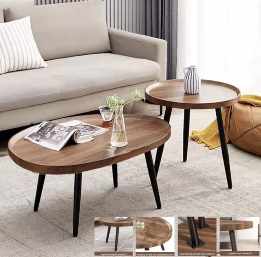 QPFO Assymetrische Druppelvorm Salontafel – Industrieel Design – Dubbele Koffietafel van Bruin Hout en Zwart Metaal