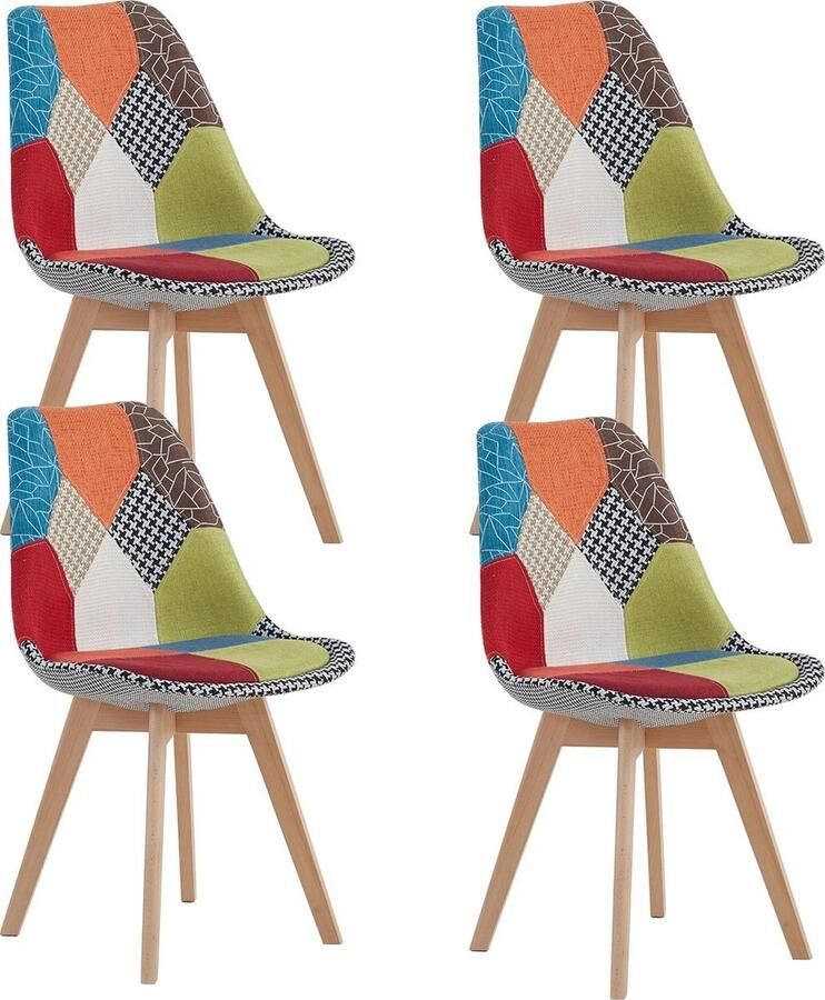 QPFO Eetkamerstoelen set van 4 Kuipstoelen met rugleuning Fluwelen fauteuils Gewatteerde zitting Houten poten Patchwork design Kleurrijk groen rood oranje blauw