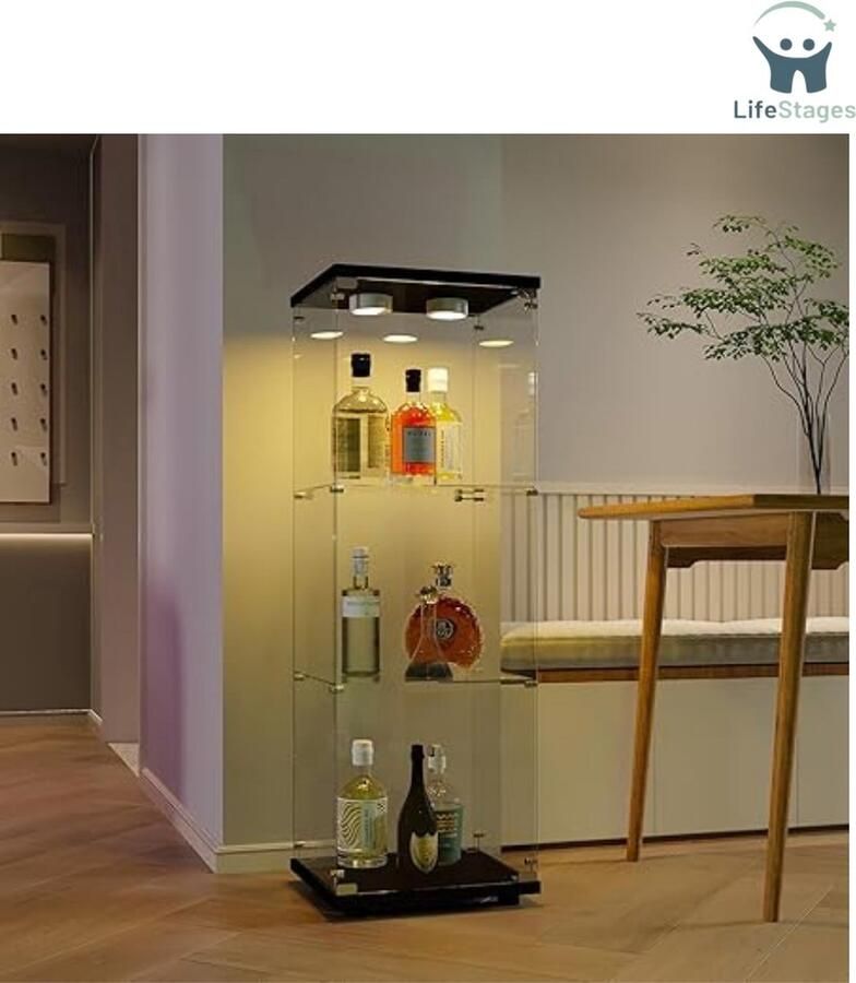 QPFO Glazen vitrinekast met LED verlichting en slot 3 lagen vitrinekast voor collectie met deur zwart of wit