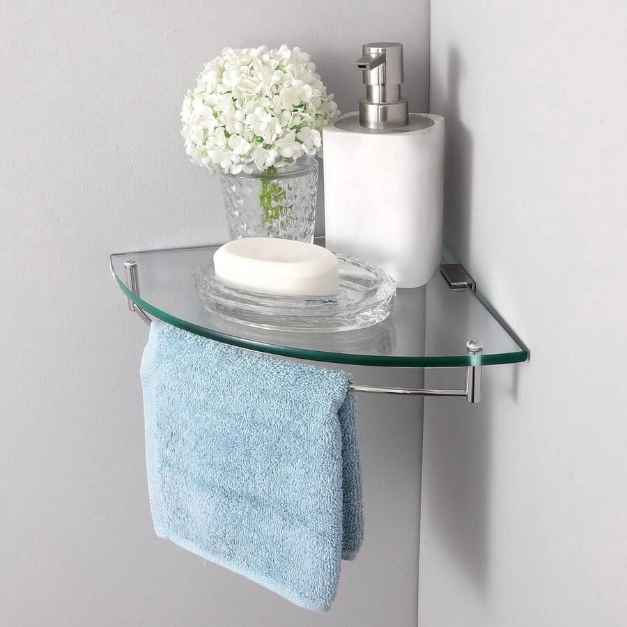 QPFO Hoek doucheplank van gehard glas 7 mm glazen wandplank met beugels badkamer plank voor veilige wandmontage