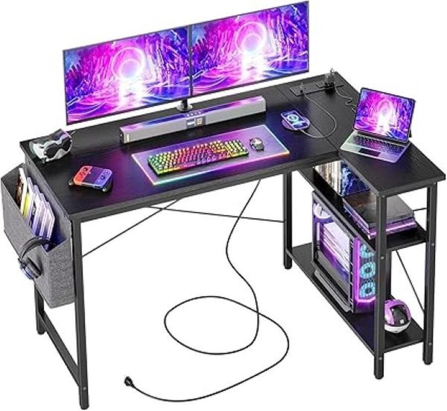 QPFO Hoekbureau L-vormig 120x70 cm Computerbureau Schrijftafel Omkeerbare Grote Opbergplanken Bureau met Boekenplank