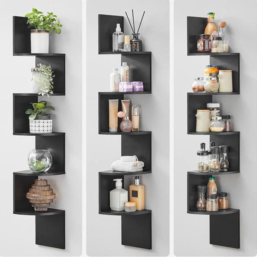 QPFO Hoekplank Wandrek 5 Niveaus Zwevend Boekenrek en Plantenrek Voor Slaapkamer Woonkamer Badkamer en Kantoor Inktzwart