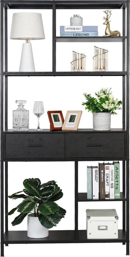 QPFO Industriële Boekenkast – Open Kast met 6 Opbergplanken – Boekenrek – Vakkenkast – Boekdisplay – Kantoorkast – Zwart Metaal – 90x30x180 cm