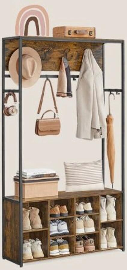 QPFO Industriële Garderoberek met Kapstok & Schoenenrek – Halrek met Open Vakken & Verstelbare Planken – Bruin Zwart