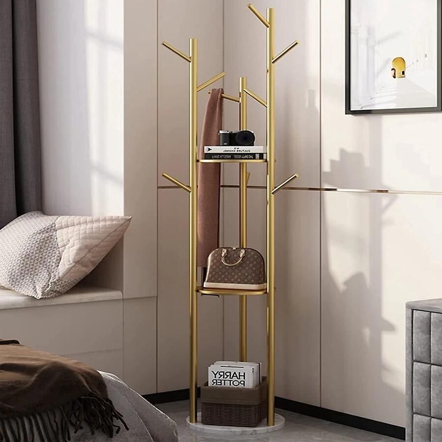 QPFO Kapstok standaard – kledingrek met 9 haken en 2 plateaus – goud met marmeren voet – hoogte 172 cm