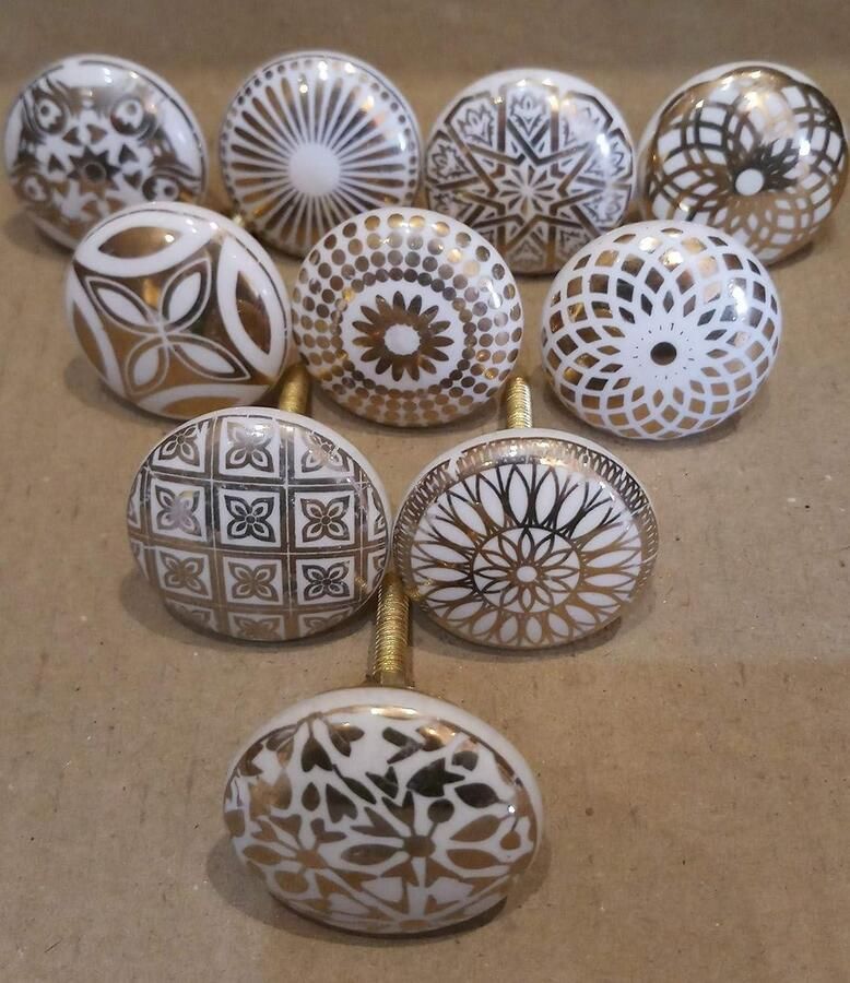 QPFO Keramische kastknoppen set van 10 Vintage bloemdesign Deurknoppen en lades in goud wit crème mix