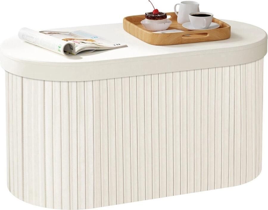 QPFO Opvouwbare opbergpoef met deksel groot ovaal bankje crème beige 72x35x34 5 cm