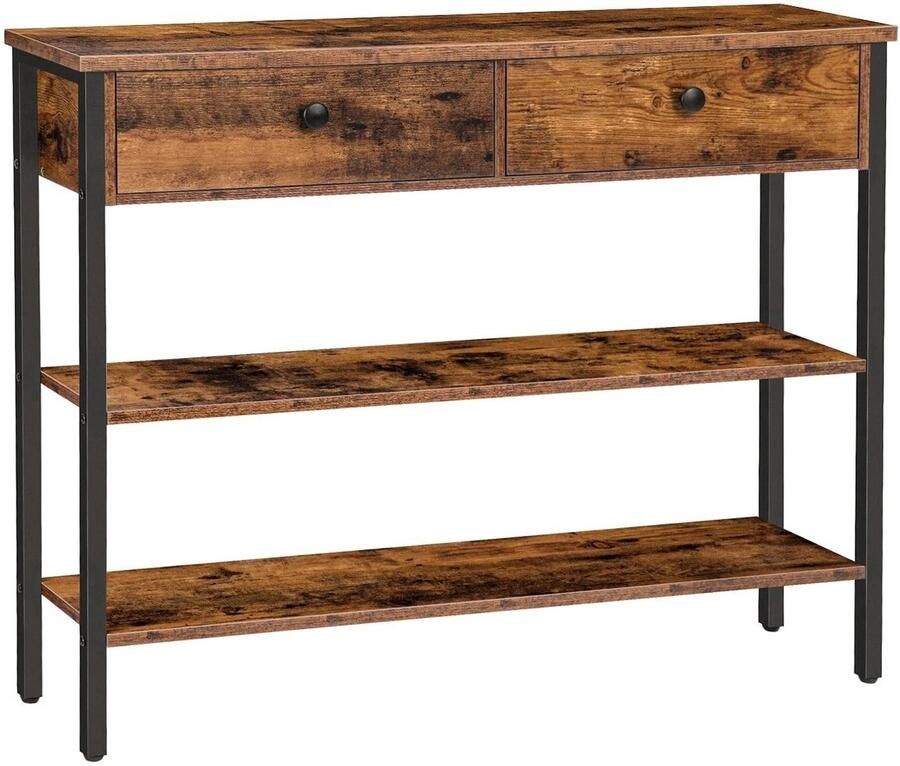 QPFO Sidetable smal houten vakkenkast met 2 kleppen industrieel design 100x24x80 cm bruin zwart