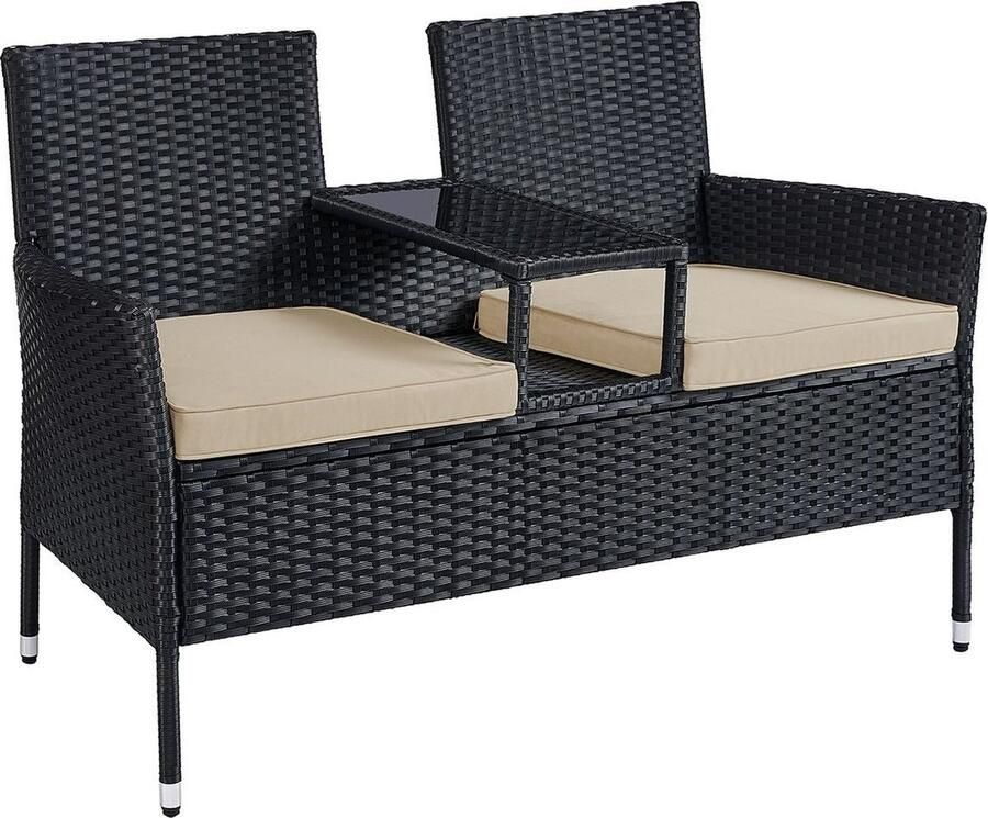 QPFO Tuinbankset Loveseat – Buitenbank met Tafel – Stalen Frame & PE Riet – Inclusief Kussens – Gehard Glas Tafelblad – Zwart Taupe – 65x131x84 cm