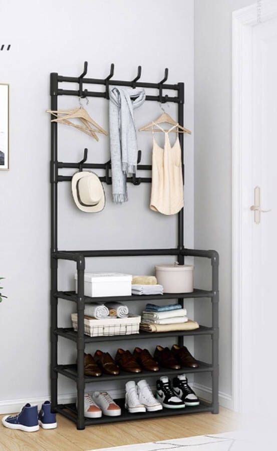QProductz Qz Kapstok Staand met Schoenenrek industrieel Garderoberek met 4 Verdiepingen 60x25x152cm Zwart