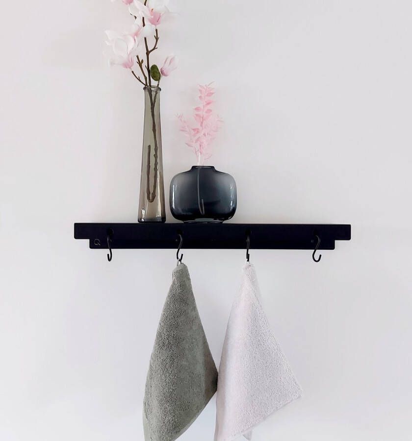 Qstiel Qauli Handdoekhouder Wandkapstok Muurkapstok Staal 2mm Plank 60cm 4 haken In België gemaakt Poedercoating RAL 9005 zwart - Foto 2