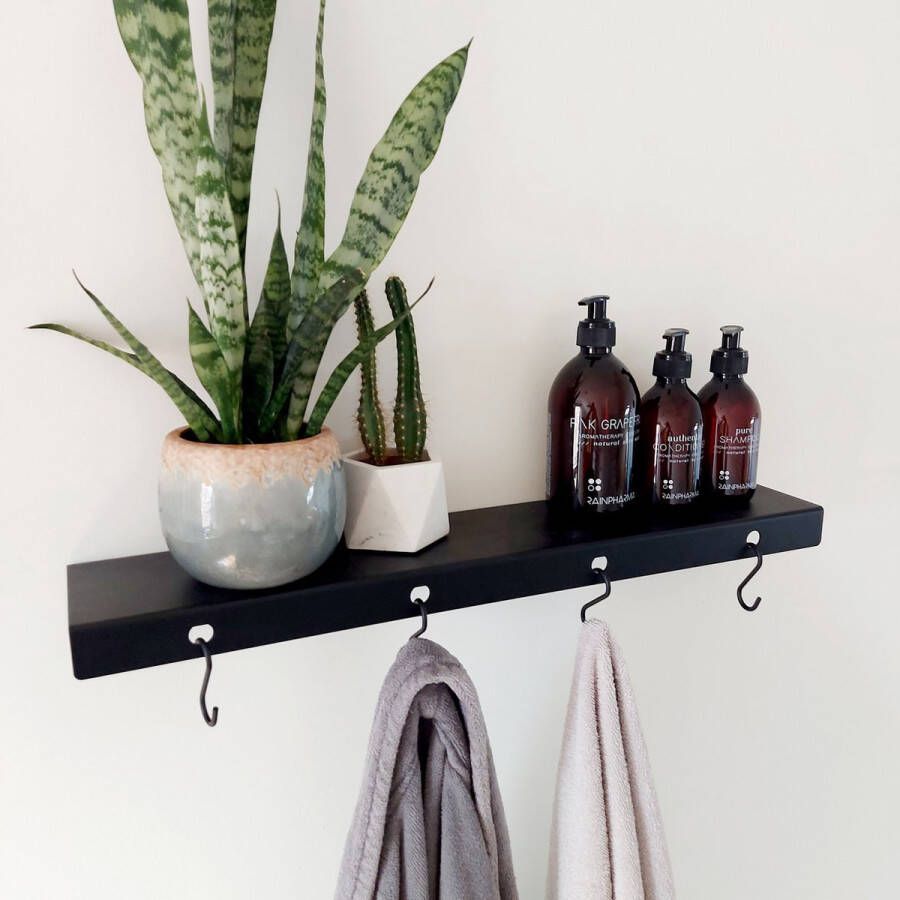 Qstiel Qauli zwart Kapstok Wandkapstok Stevig Modern design Met plank 60cm 4 haken Poedercoating str RAL 9005 zwart - Foto 2