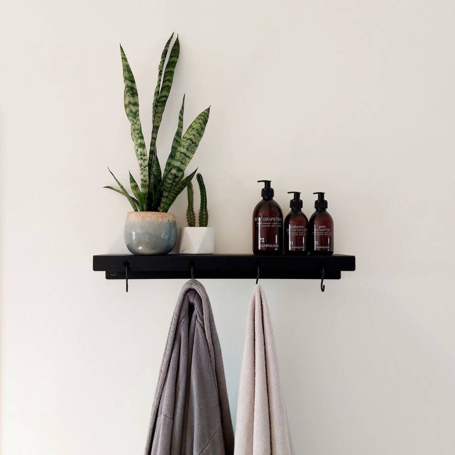 Qstiel Qauli zwart Kapstok Wandkapstok Stevig Modern design Met plank 60cm 4 haken Poedercoating str RAL 9005 zwart