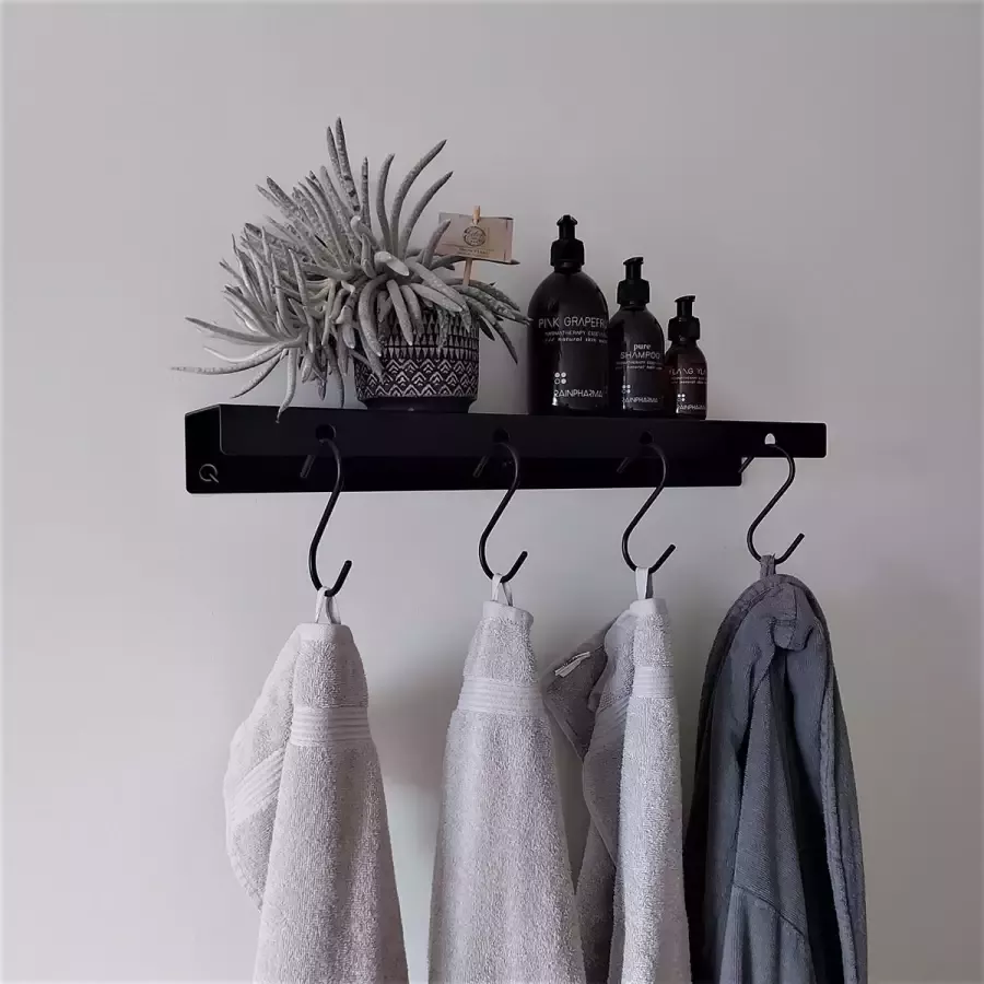 Qstiel Qauli Handdoekhouder Wandkapstok Muurkapstok Staal 2mm Plank 60cm 4 haken In België gemaakt Poedercoating RAL 9005 zwart