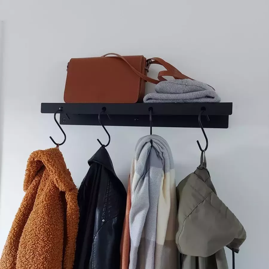 Qstiel Qauli Handdoekhouder Wandkapstok Muurkapstok Staal 2mm Plank 60cm 4 haken In België gemaakt Poedercoating RAL 9005 zwart - Foto 3